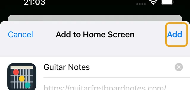 Add to Home Screen screen with Add highlighted