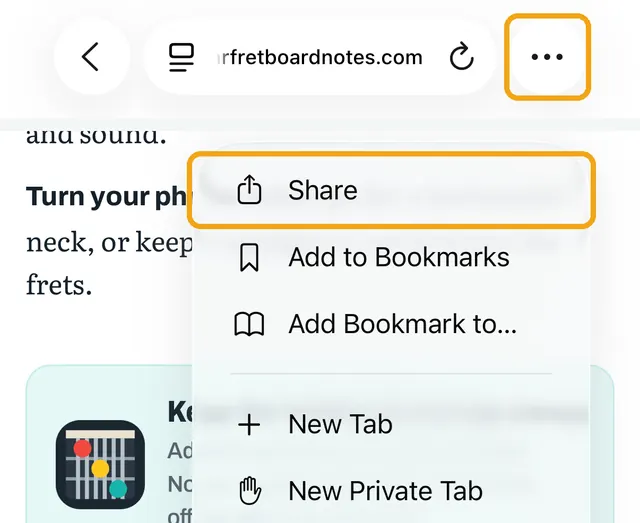 Safari toolbar with the More button, and its menu with Share highlighted