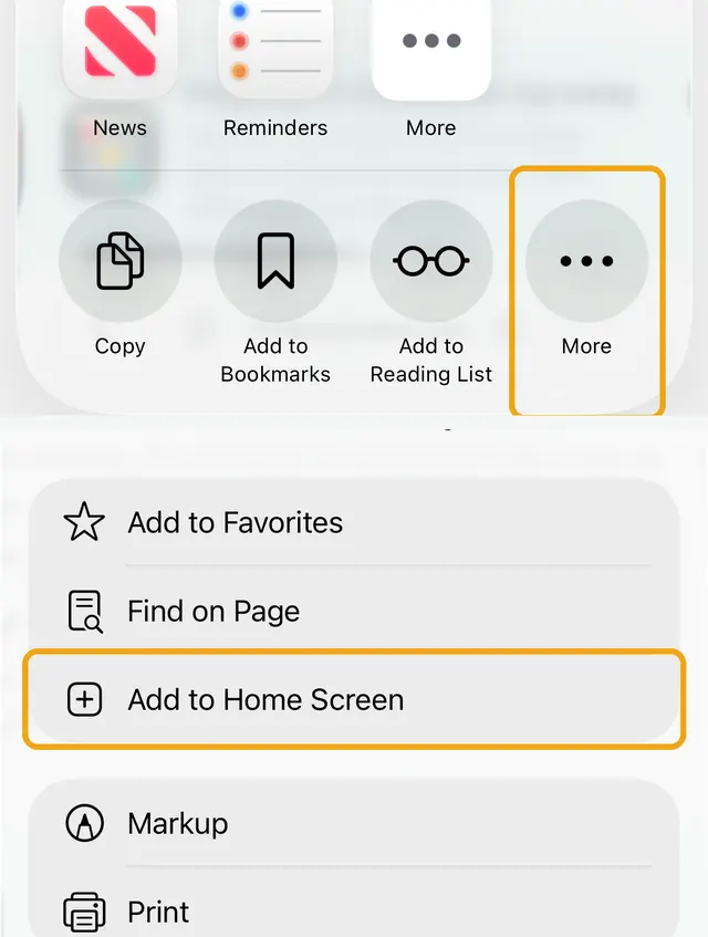 Share sheet with More highlighted, then the list with Add to Home Screen highlighted