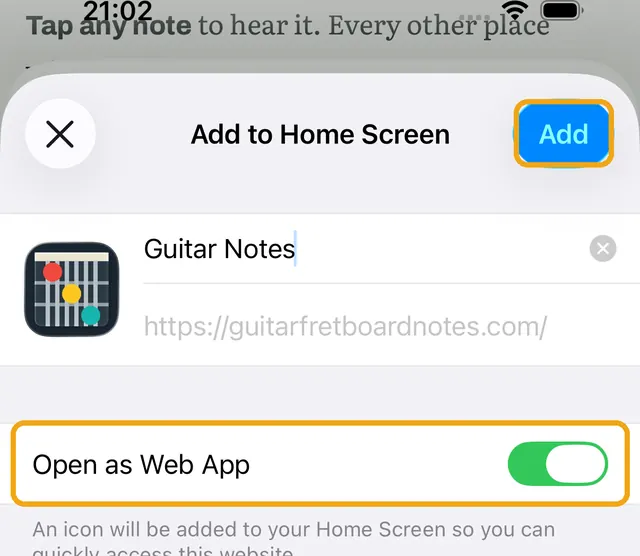 Add to Home Screen screen with Add and Open as Web App highlighted
