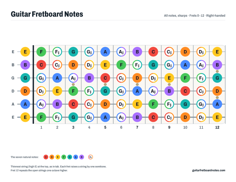 Guitar note chart: every note on the guitar fretboard with sharps, from the open strings to fret 12, right-handed, in color.